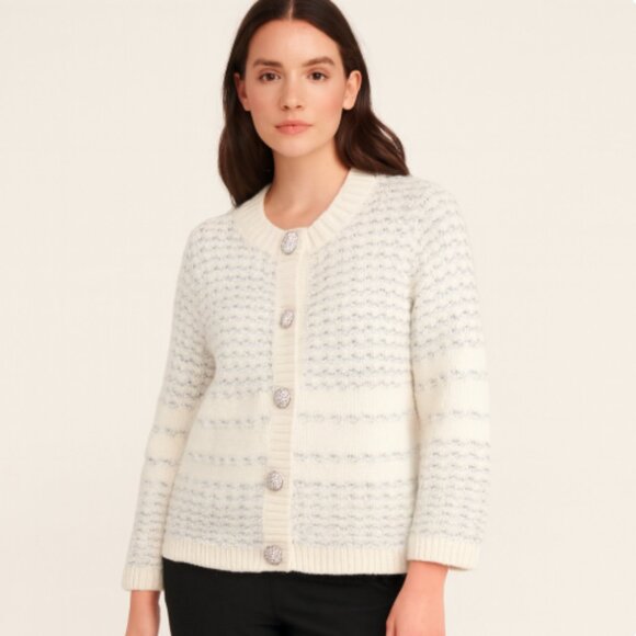 Kate Spade SZ L Jewel Button Textured Cream Silver Wool Alpaca Cardigan $328 - Picture 1 of 5